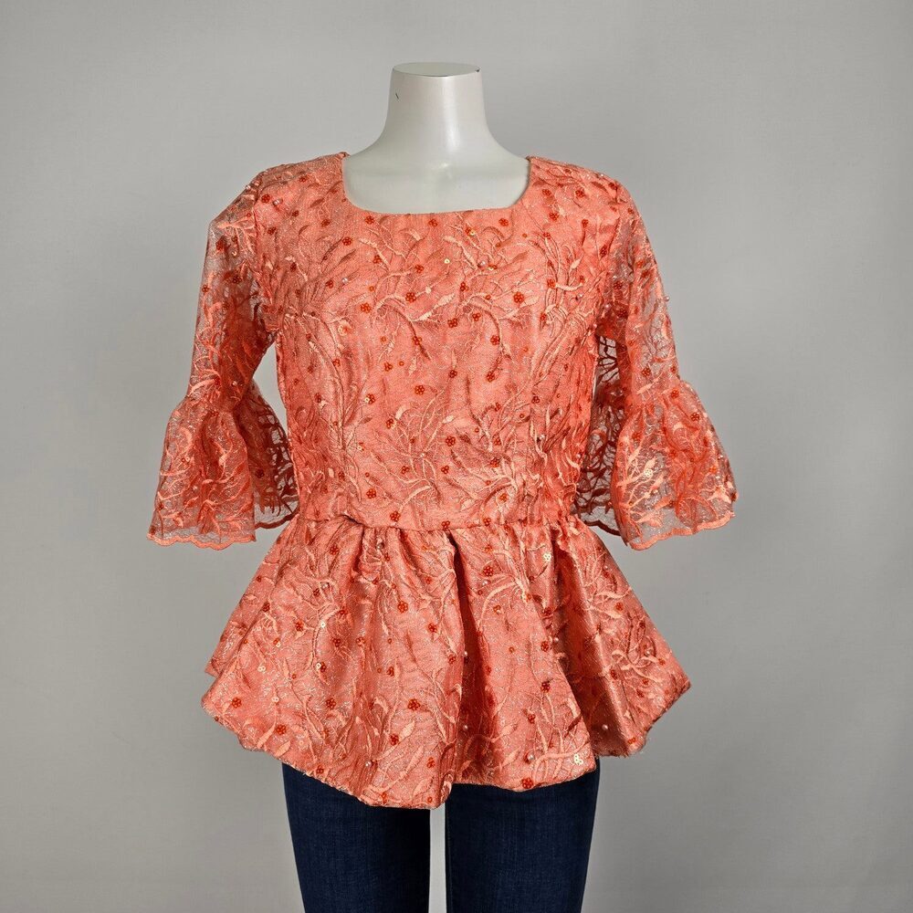 Vintage Handmade Peach Lace Peplum Blouse Size M/L